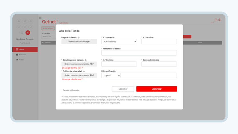 Pantalla con un popup para dar de alta una nueva tienda